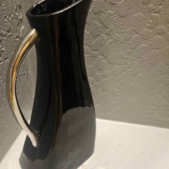 Made in India Heavy Water Flower Black Ceramic Pitcher 12" - Picture 2 of 7